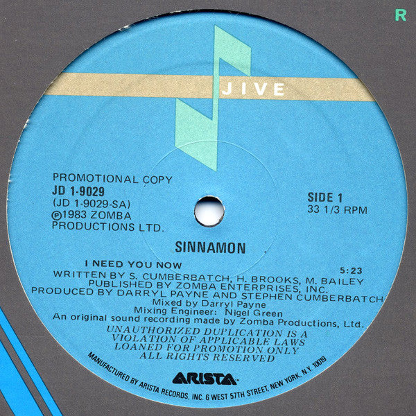 Sinnamon : I Need You Now (12", Promo)