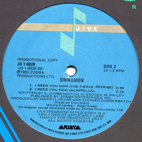 Sinnamon : I Need You Now (12", Promo)
