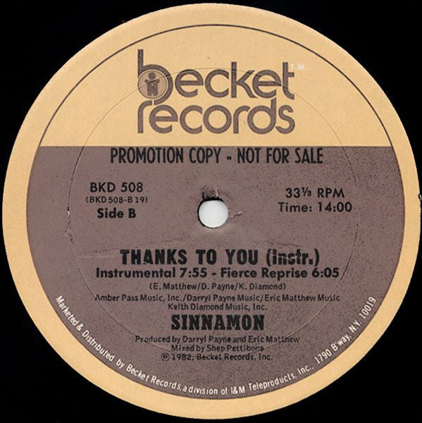 Sinnamon : Thanks To You (12", Promo)