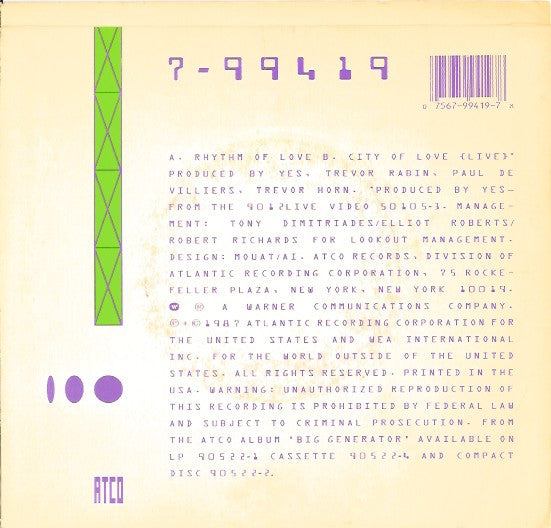 Yes : Rhythm Of Love (7", Single)