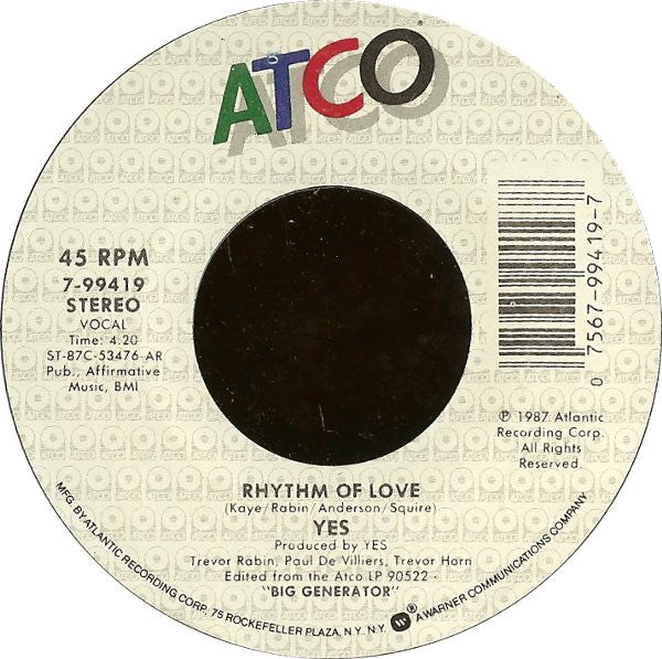 Yes : Rhythm Of Love (7", Single)