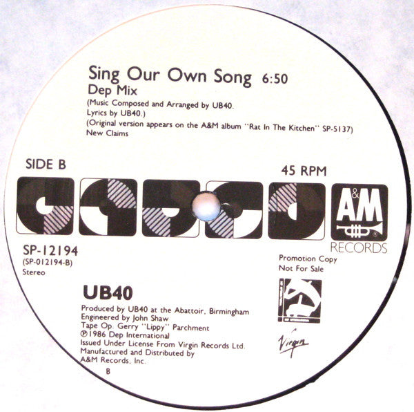UB40 : Sing Our Own Song (12", Single, Promo, EMW)