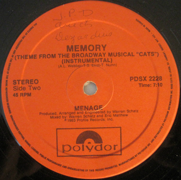 Menage (2) : Memory (Theme From The Broadway Musical "Cats") (12")
