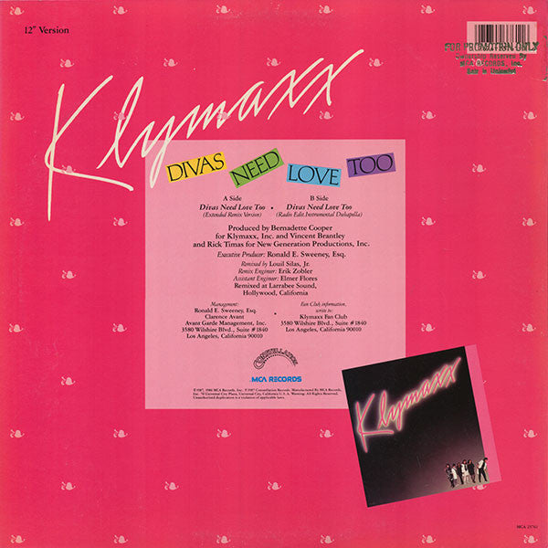 Klymaxx : Divas Need Love Too (12" Version) (12", Pin)