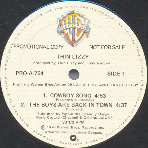 Thin Lizzy : Cowboy Song / The Boys Are Back In Town / Rosalie (12", Promo)
