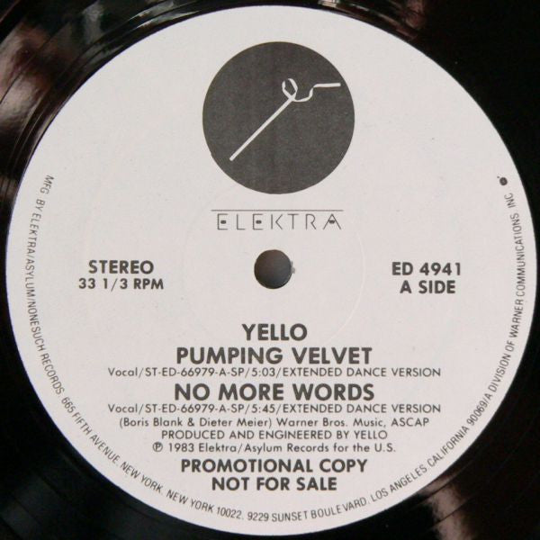 Yello : Pumping Velvet / No More Words / Lost Again / Bostich (12", Promo, SP)