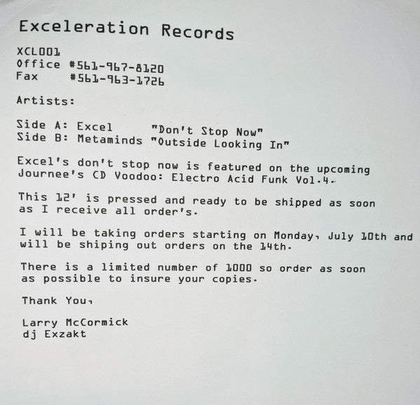 Excel, Metaminds : Don't Stop Now / From the Outside Looking In (12", W/Lbl, Sti)