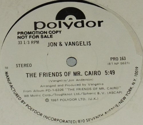 Jon And Vangelis* : The Friends Of Mr. Cairo / State Of Independence (12", Promo)
