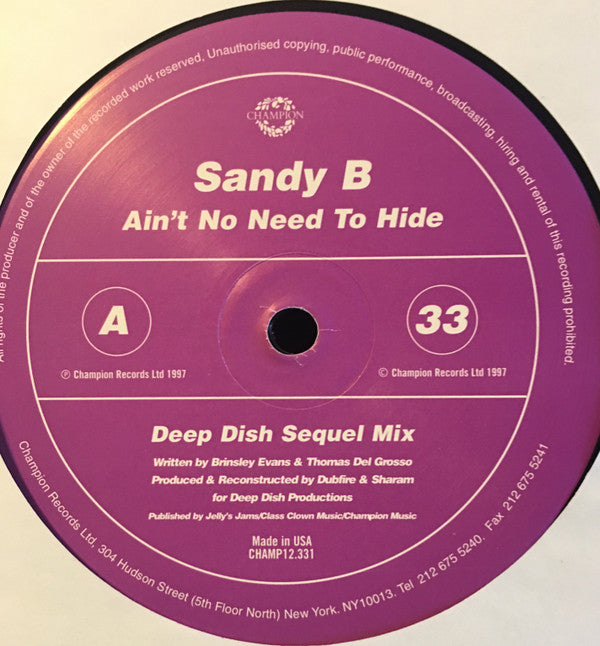 Sandy B : Ain't No Need To Hide (2x12")