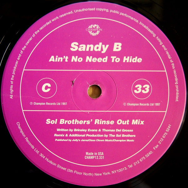 Sandy B : Ain't No Need To Hide (2x12")