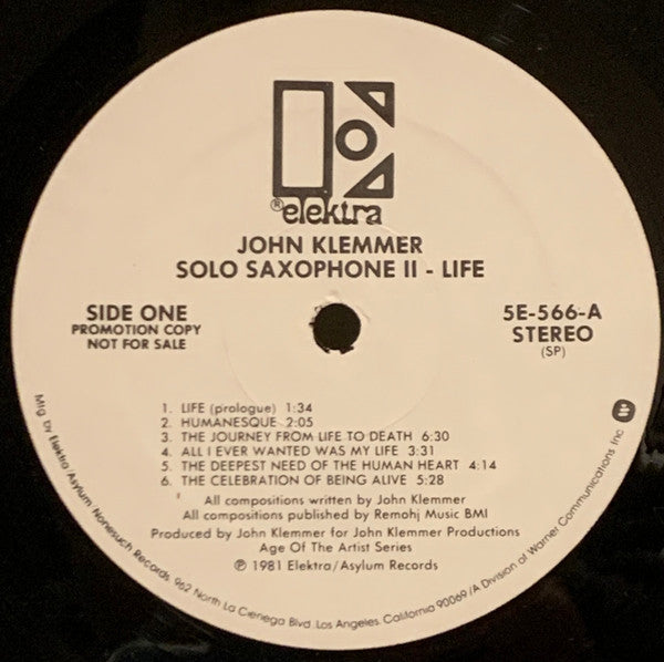 John Klemmer : Solo Saxophone II - Life (LP, Album, Promo, SP)