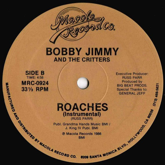 Bobby Jimmy & "The Critters"* : Roaches (12", Single)