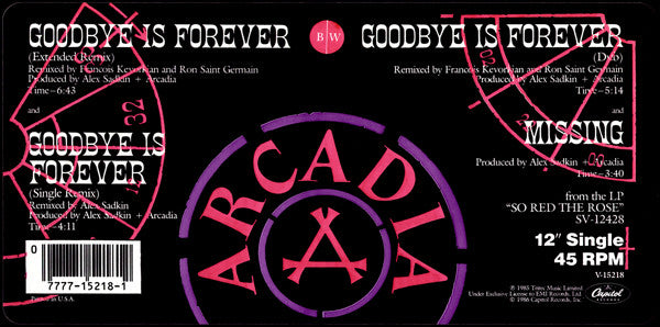 Arcadia (3) : Goodbye Is Forever (12", Single)