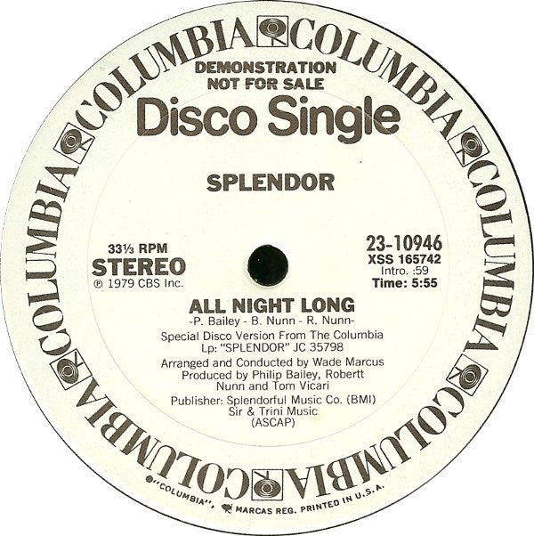 Splendor (3) : All Night Long (12", Mono, Promo)