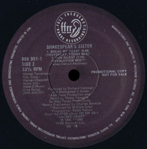 Shakespear's Sister : Break My Heart (Extended Versions) (12", Single, Promo)
