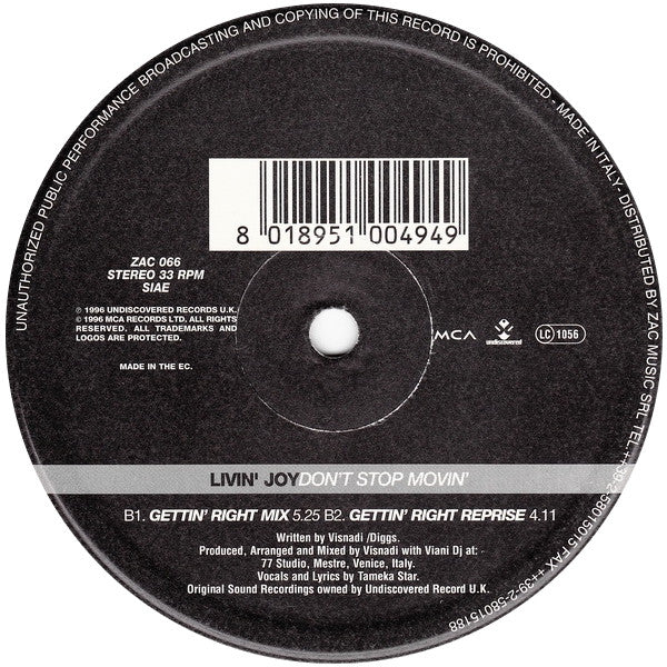Livin' Joy : Don't Stop Movin' (12")