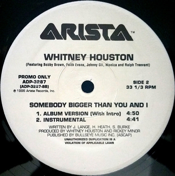 Whitney Houston Featuring Bobby Brown, Faith Evans, Johnny Gill, Monica And Ralph Tresvant : Somebody Bigger Than You And I (12", Promo)