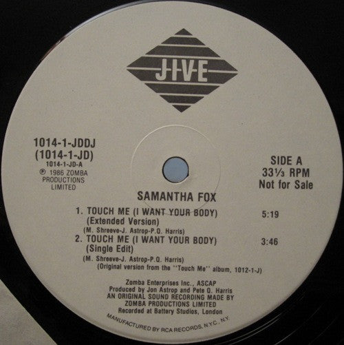 Samantha Fox : Touch Me (I Want Your Body) (12", Promo)