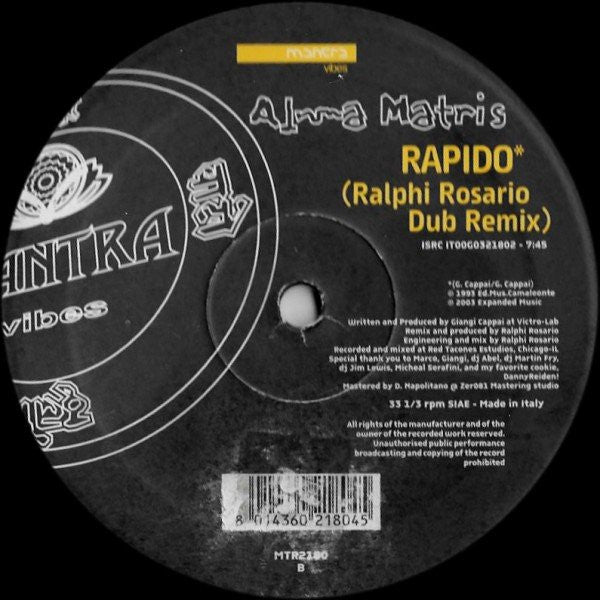 Alma Matris : Rapido (Ralphi Rosario Remixes) (12")