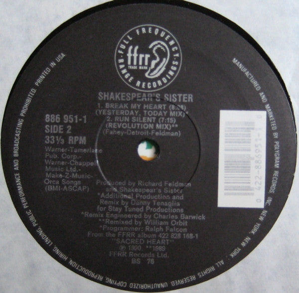 Shakespear's Sister : Break My Heart (Extended Versions) (12", Single)