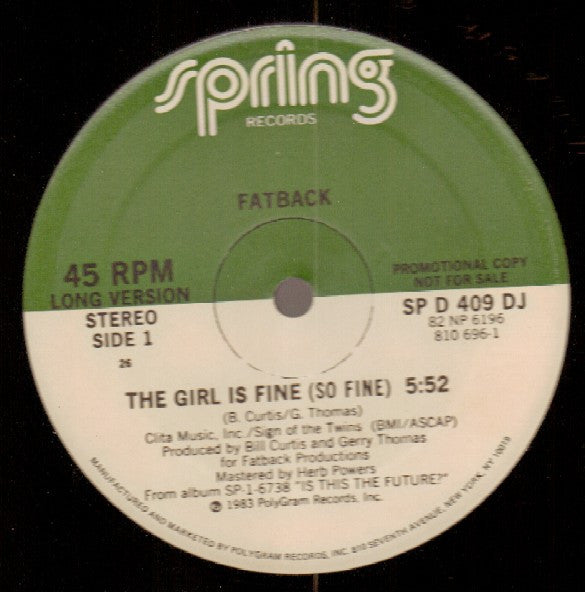 The Fatback Band : The Girl Is Fine (So Fine) (12", Promo)