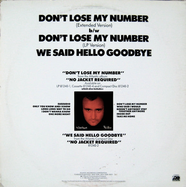 Phil Collins : Don't Lose My Number (Extended Version) (12", Single, All)
