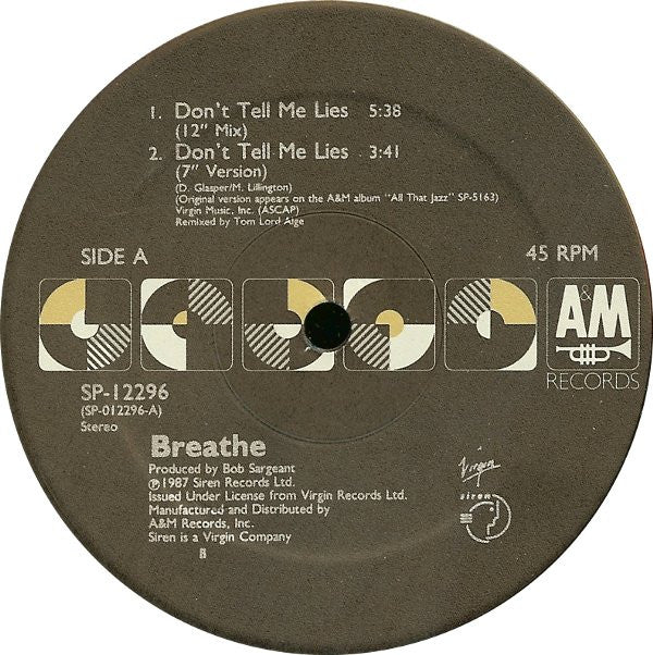 Breathe (3) : Don't Tell Me Lies (12", Single)