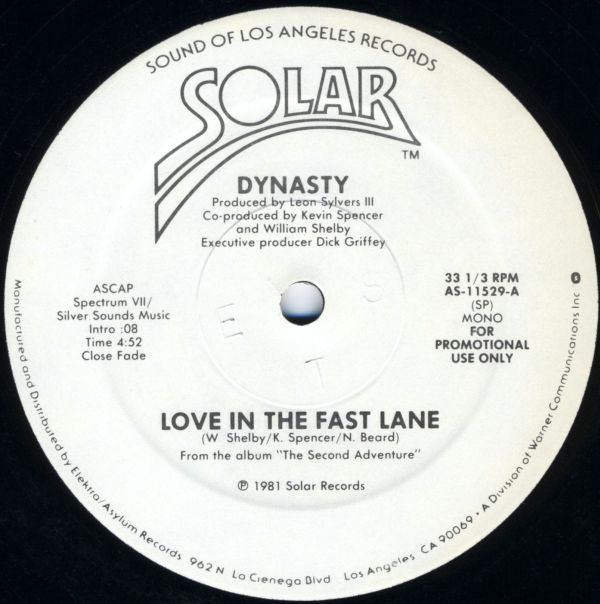 Dynasty : Love In The Fast Lane (12", Mono, Promo)