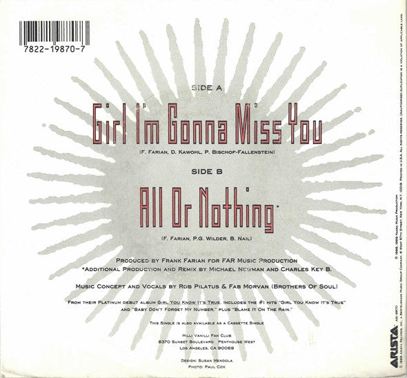 Milli Vanilli : Girl I'm Gonna Miss You (7", Single)