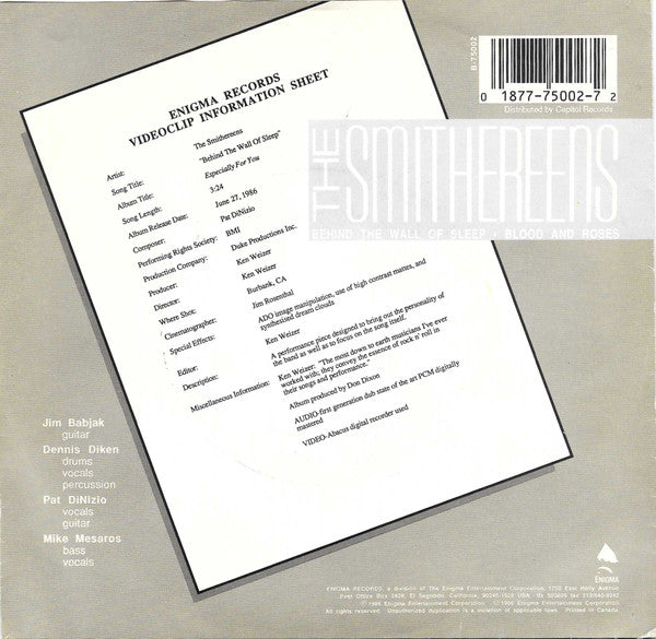 The Smithereens : Behind The Wall Of Sleep (7", All)
