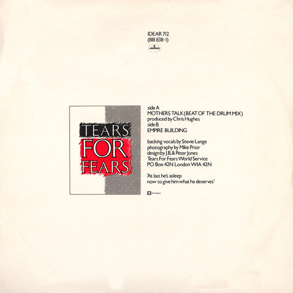 Tears For Fears : Mothers Talk (Beat Of The Drum Mix) (12")