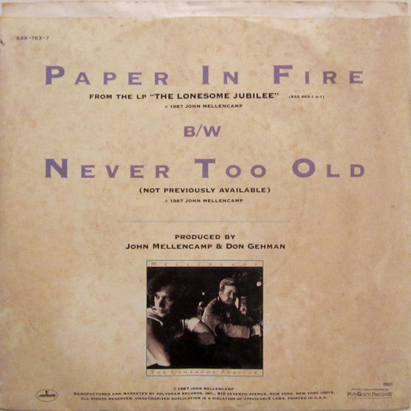 John Cougar Mellencamp : Paper In Fire (7", Single, Styrene, Car)