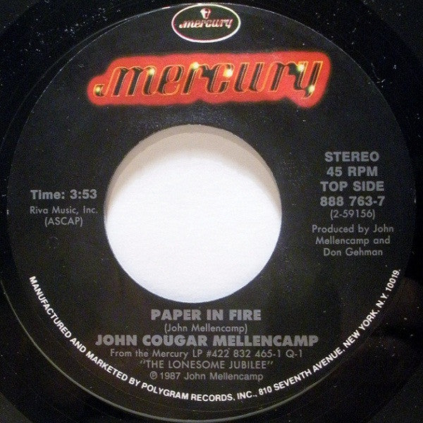 John Cougar Mellencamp : Paper In Fire (7", Single, Styrene, Car)
