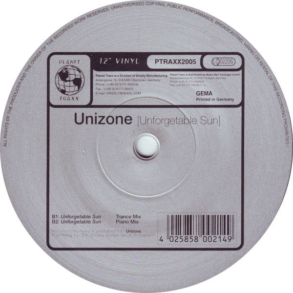Unizone : Unforgetable Sun (12")