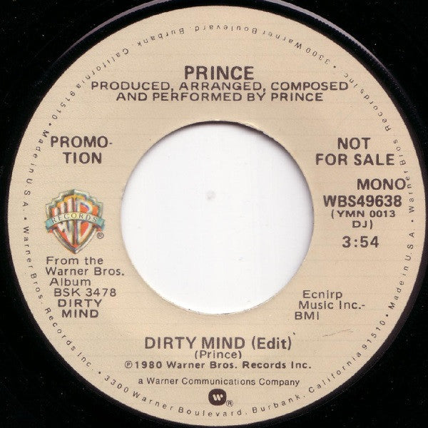 Prince : Dirty Mind (7", Single, Mono, Promo)