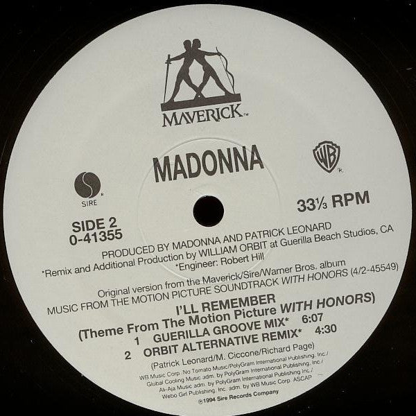 Madonna : I'll Remember (Theme From The Motion Picture With Honors) (12")