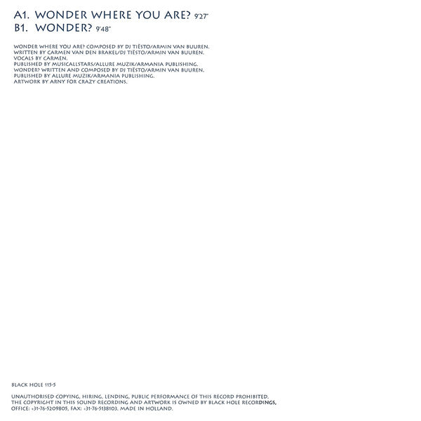DJ Tiësto And Armin van Buuren Present Major League : Wonder Where You Are? / Wonder? (12")