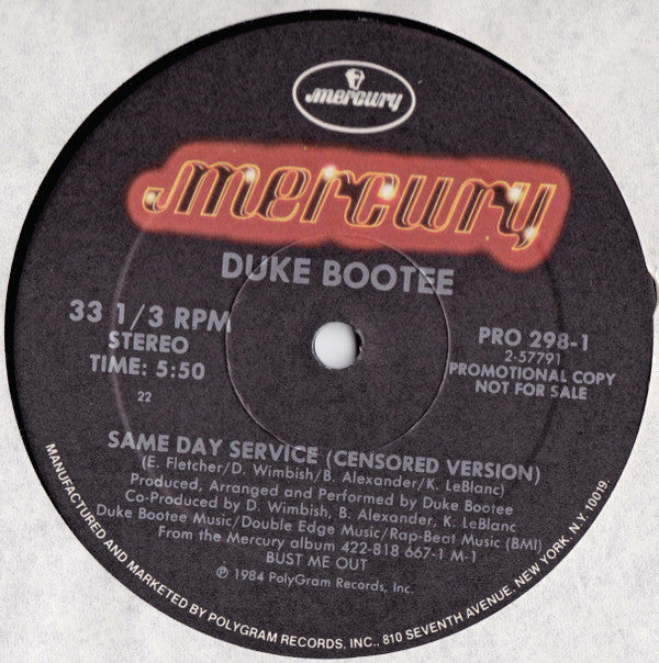 Duke Bootee : Same Day Service (Censored Version) (12", Promo)