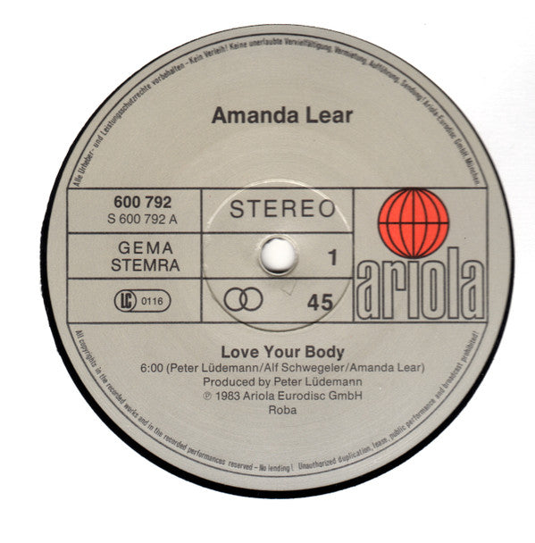 Amanda Lear : Love Your Body / Darkness And Light (12", Single, Mat)