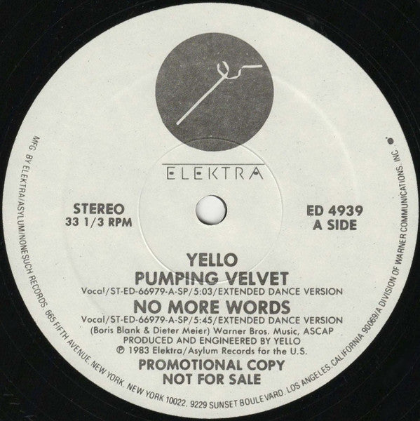 Yello : Pumping Velvet / No More Words / Lost Again / Bostich (12", Promo, SP)