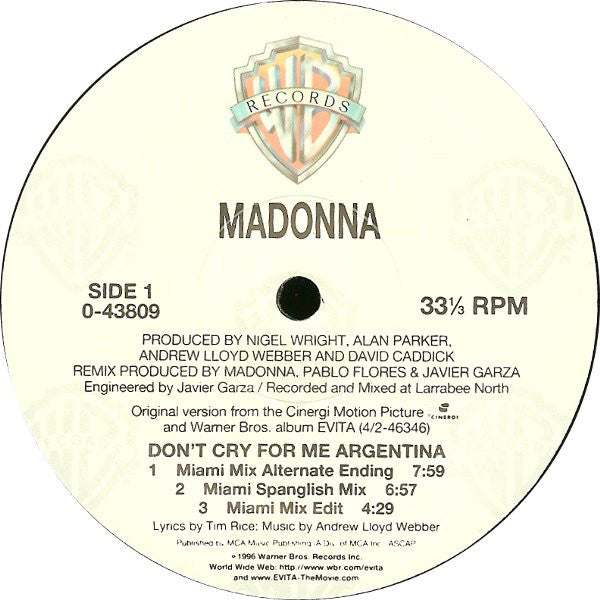 Madonna : Don't Cry For Me Argentina (12")