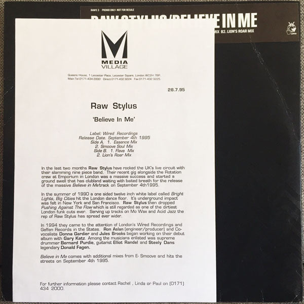 Raw Stylus : Believe In Me (12", Promo)