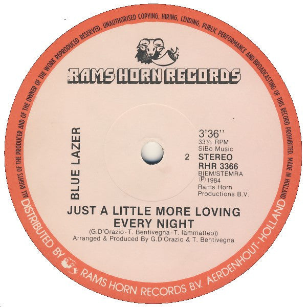 Blue Lazer : Dance Party / Just A Little More Loving Every Night (12")