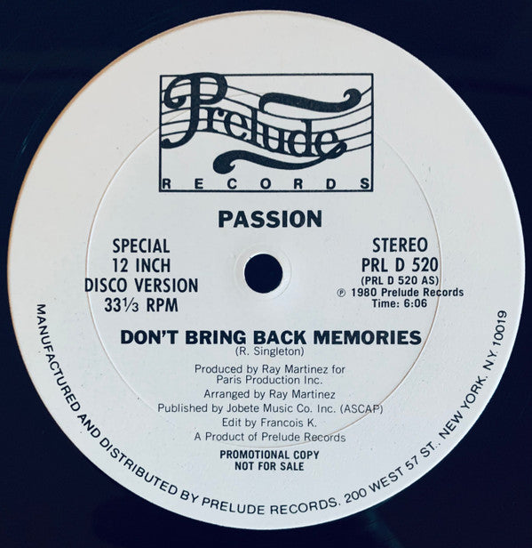 Passion (2) : Don't Bring Back Memories / In New York (12", Promo)