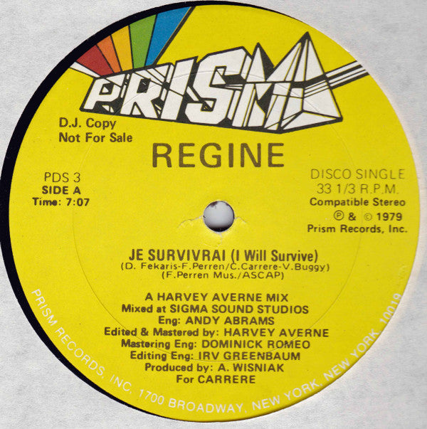 Régine : Je Survivrai (I Will Survive) / I'll Never Stop Dancin' (12", Promo)