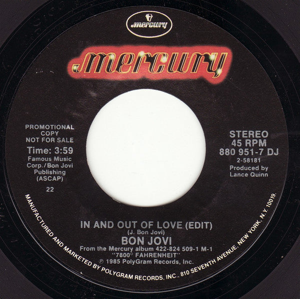 Bon Jovi : In And Out Of Love (7", Single, Promo)