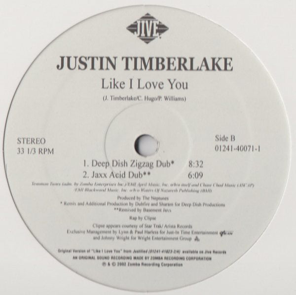 Justin Timberlake : Like I Love You (The Club Mixes) (12", Single)