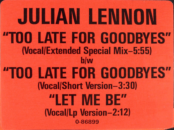 Julian Lennon : Too Late For Goodbyes (12")