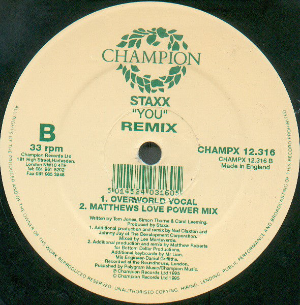 Staxx : You - Remix's (12")