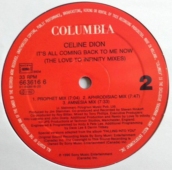 Céline Dion : It's All Coming Back To Me Now (The Love To Infinity Mixes) (12", Maxi)